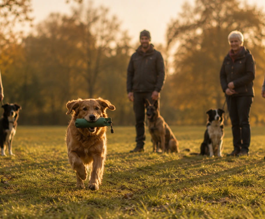 Golden Retriever mit Spielzeug beim ThemenTraining in kleiner Gruppe